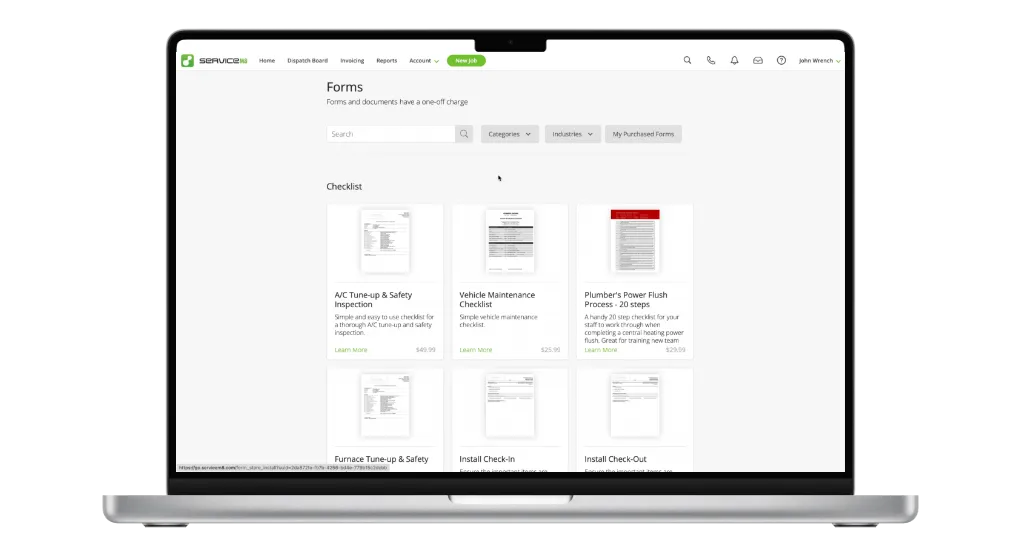 ServiceM8's enhanced Form Store interface showing expanded form selection