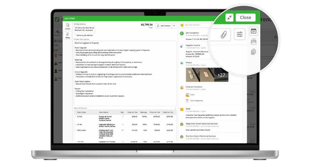 ServiceM8's new Mini Tabs interface showing side-by-side viewing of job details and attachments