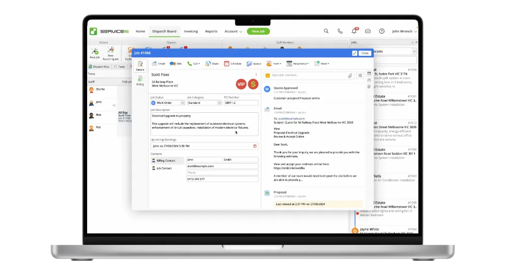 Enhanced ServiceM8 job card interface showing the new flexible layout with expanding fields and side-by-side browsing capabilities