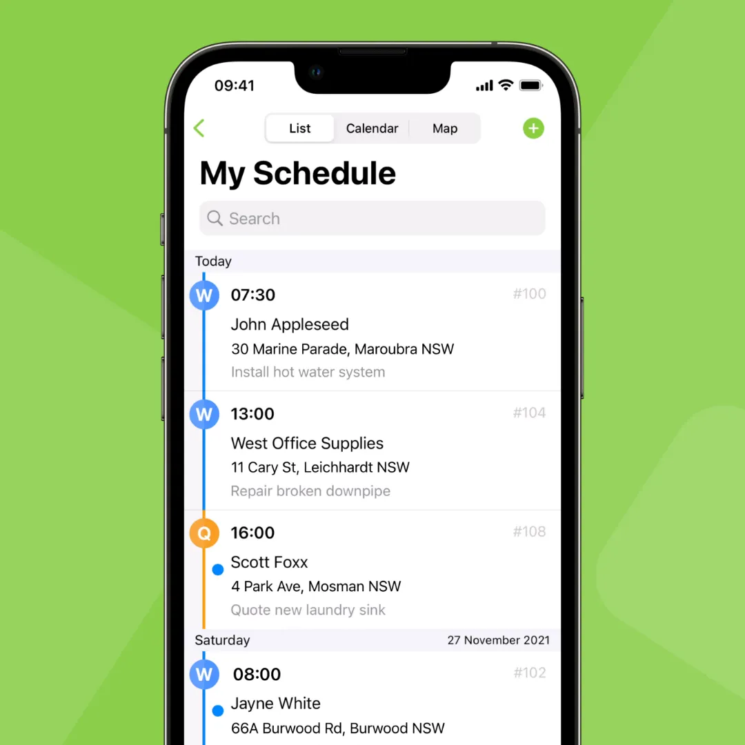 Professional schedule interface showing daily job assignments and locations