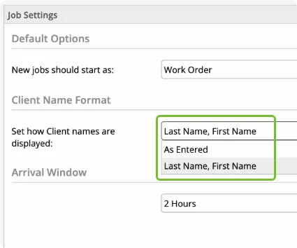 ServiceM8's client naming configuration interface showing name display options