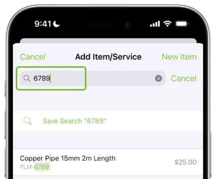 ServiceM8's improved item search interface showing enhanced search capabilities