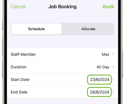 ServiceM8's multi-day booking interface showing scheduling options