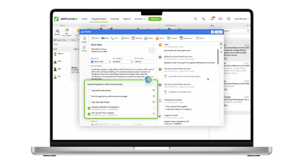 ServiceM8's improved Network interface showing enhanced request management